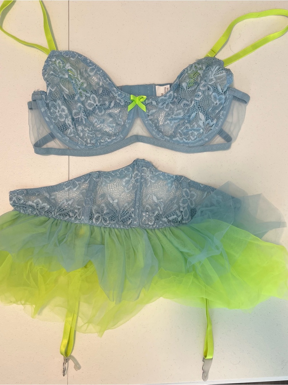Light Blue Lace Bralette & Neon Green Tulle Skirt Set - Women's Intimates SZ-M